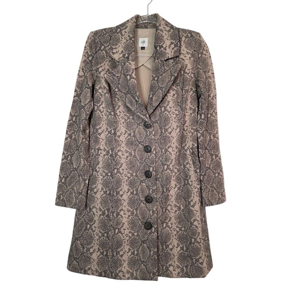 Cabi Women's XS King Cobra Long Stretch‎ Coat Tan Black Snakeskin Print Jacket